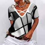 Lässiges Damen-T-Shirt mit V-Ausschnitt und geometrischem Aufdruck