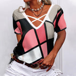 Lässiges Damen-T-Shirt mit V-Ausschnitt und geometrischem Aufdruck