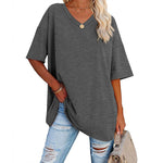 Damen lockeres halbärmliges T-Shirt mit V-Ausschnitt aus Baumwolle