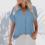 Kurzärmlige einfarbige Bluse mit V-Ausschnitt für Damen