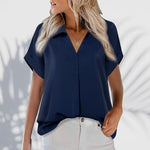 Kurzärmlige einfarbige Bluse mit V-Ausschnitt für Damen