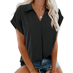 Kurzärmlige einfarbige Bluse mit V-Ausschnitt für Damen